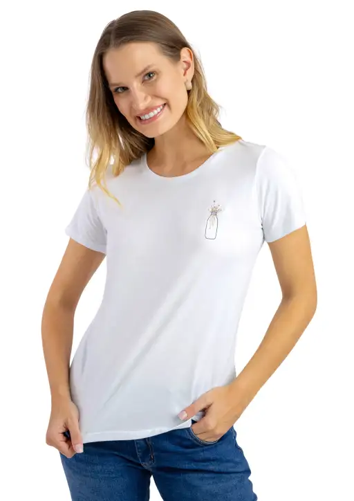 Tshirt Feminina Head Free Básica Bordado Vaso com Flores