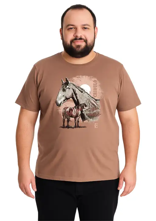 Camiseta Masculina Estanciero Cavalo Marrom Plus Size