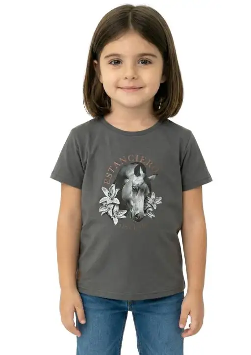 Shirt Infantil Feminina Estanciera Cavalo e Flores 