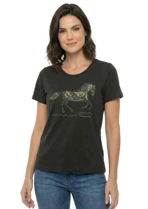 Shirt Feminina Estanciera Cavalo Arabescos Florais