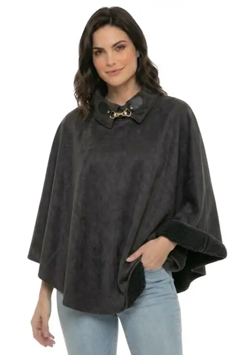 Poncho de Suede Forrado Gola com Fecho Metálico Estanciero